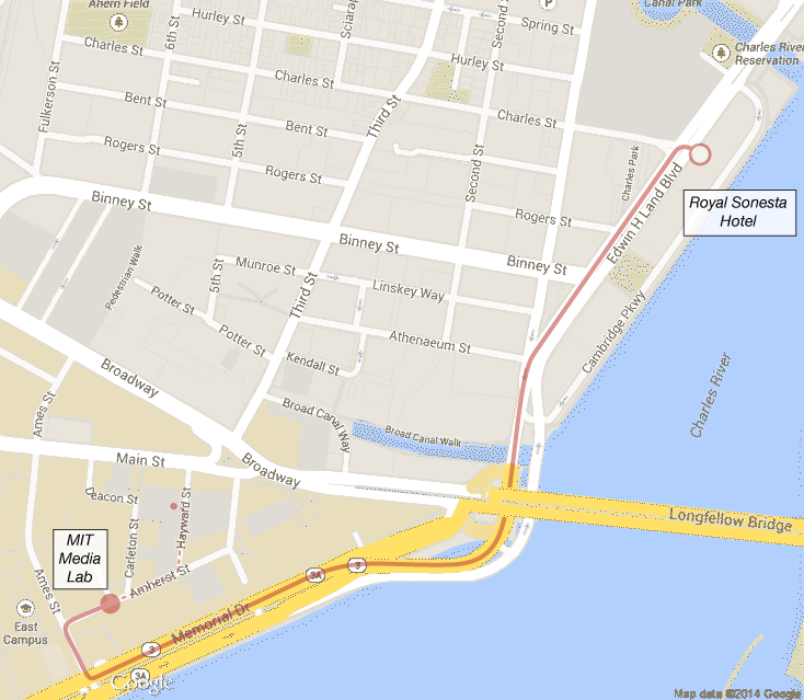 [Map showing driving route from hotel to Media Lab]