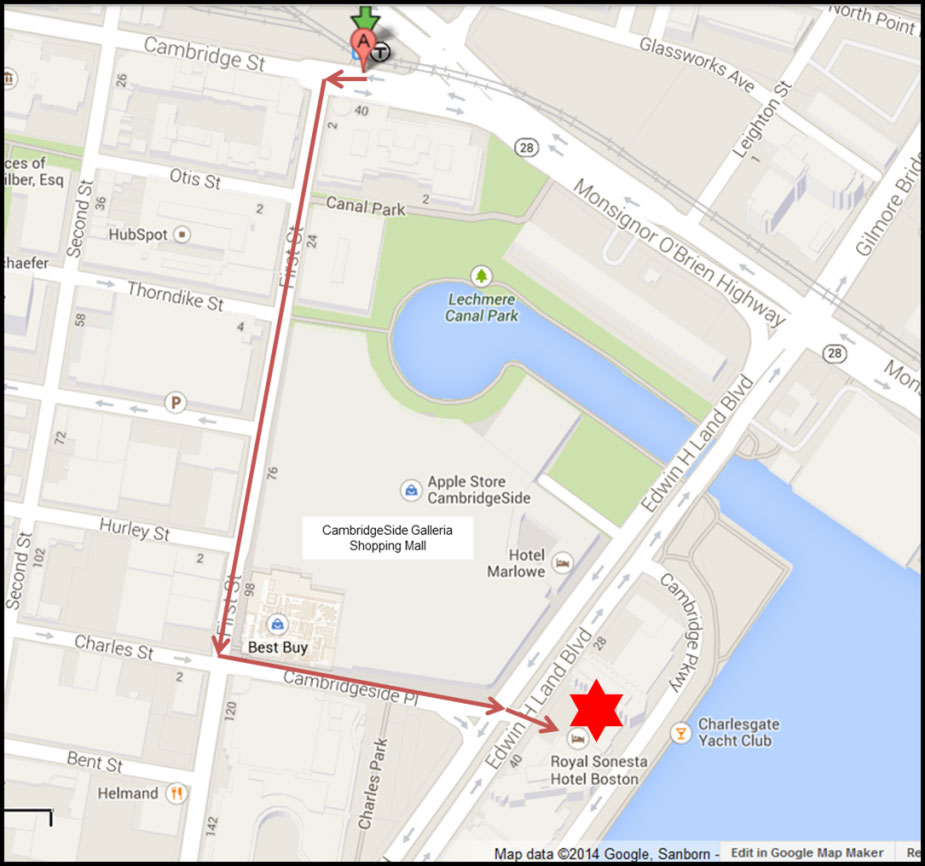 [Map of walking route from Lechmere Station to the hotel]